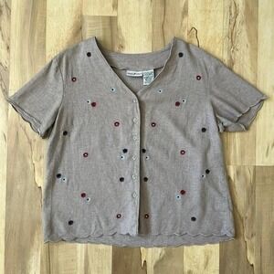 Vintage Top Women's Large Linen Blend Embroidered Flowers Cottage Prairie 90s